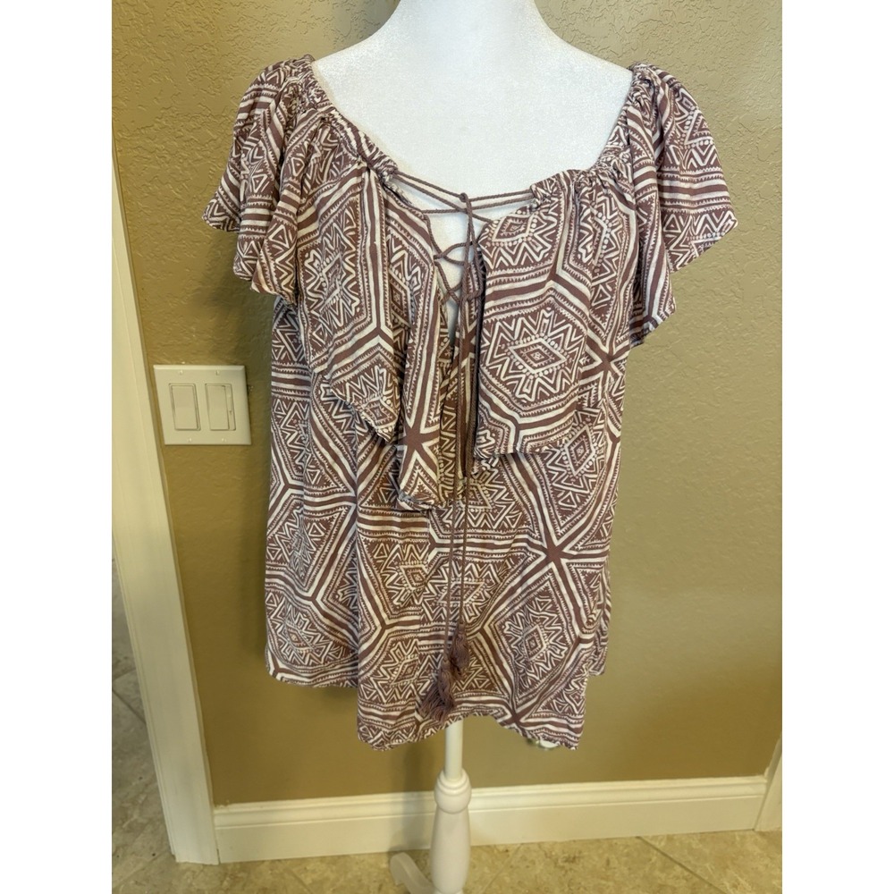 Anthropologie Mustard Seed Mauve‎ Geometric Print Top, Boho Peasant, Medium